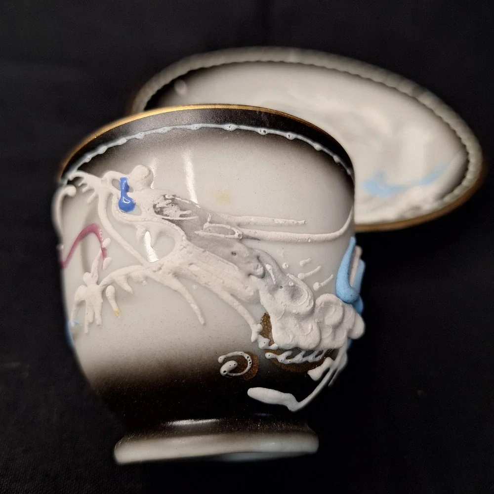 Vintage Moriage Dragonware Demitasse Cup and Saucer Set Grey Black Gold‎